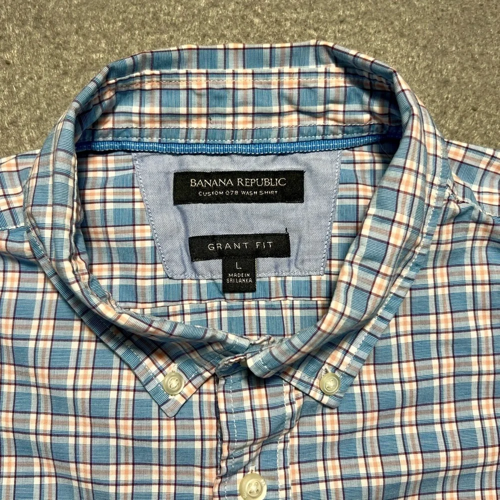 Banana Republic Men’s Large Grant Fit Blue Plaid Dress Shirt Cotton